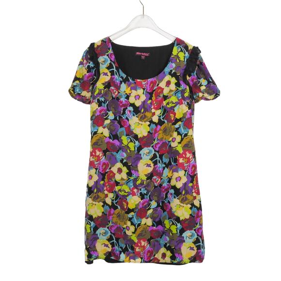 Y2k Betsey Johnson Multi Color Floral Print Short Sleeve Silk Mini Dress Size 4 - Picture 1 of 7